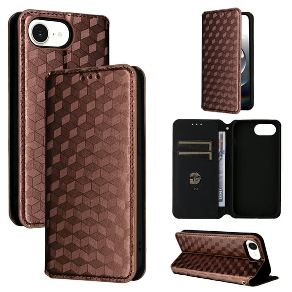 Flip Wallet Case for iPhone 16e, Plating PU Leather with RFID Blocking Credit Card & Cash Slot Kickstand Magnetic Closure Full Protective Phone Cover Women Men, Brown
