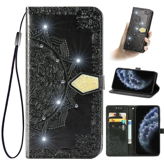 Flip Wallet Case for iPhone 7 / 8 / SE 2020 / SE 2022, Bling Diamond Embossed Cover [Premium PU Leather+TPU Bumper][3 Card Slots][Stand Function][Magnetic Closure][Wrist Strap] Shockproof Case,Black