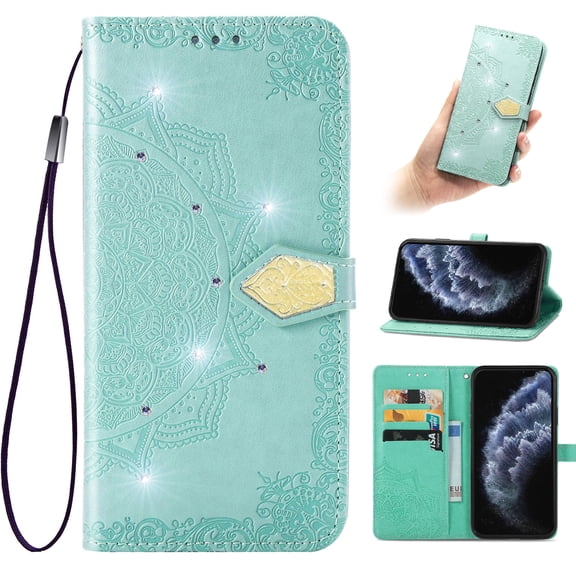 Flip Wallet Case for iPhone 8 Plus / 7 Plus, Bling Diamond Embossed Cover [Premium PU Leather+TPU Bumper][3 Card Slots][Stand Function][Magnetic Closure][Wrist Strap] Shockproof Case,Green