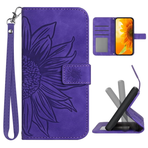 Flip Wallet Cover Case for Google Pixel 10 / Google Pixel 10 Pro Phone, Cases for Cell Phones, PU Leather Embossed Sunflower Shockproof Slim Case for Google Pixel 10 / 10 Pro, Darkpurple