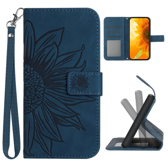 Flip Wallet Cover Case for Google Pixel 9 / 9 Pro Phone, Pixel 9 / 9 Pro Cases for Cell Phones, PU Leather Embossed Sunflower Shockproof Slim Case for Google Pixel 9 / 9 Pro, Inkblue
