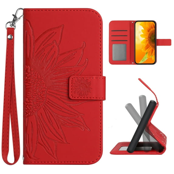 Flip Wallet Cover Case for Motorola Moto G 5G 2024 Phone, Premium PU Leather Embossed Sunflower Shockproof Wrist Strap Lanyard Slim Case for Motorola Moto G 5G 2024, Red