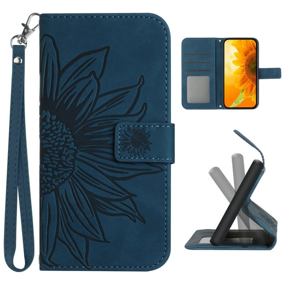 Flip Wallet Cover Case for Motorola Moto G Power 5G 2024 Phone, Premium PU Leather Embossed Sunflower Shockproof Wrist Strap Lanyard Slim Case for Motorola Moto G Power 5G 2024, Inkblue