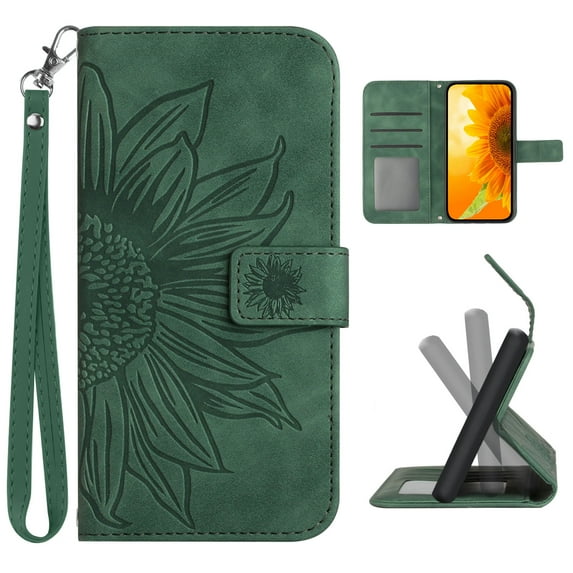 Flip Wallet Cover Case for Motorola Moto G Power 5G 2025 Phone, Premium PU Leather Embossed Sunflower Shockproof Wrist Strap Lanyard Slim Case for Motorola Moto G Power 5G 2025, Green
