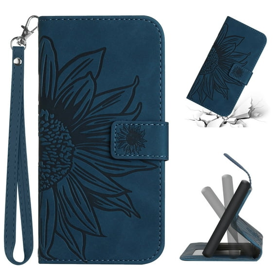Flip Wallet Cover Case for Samsung Galaxy A12 Phone, A12 Samsung Case, PU Leather Embossed Sunflower Shockproof Kickstand Lanyard Strap Slim Case for Samsung Galaxy A12 5G 6.5 inch, Inkblue