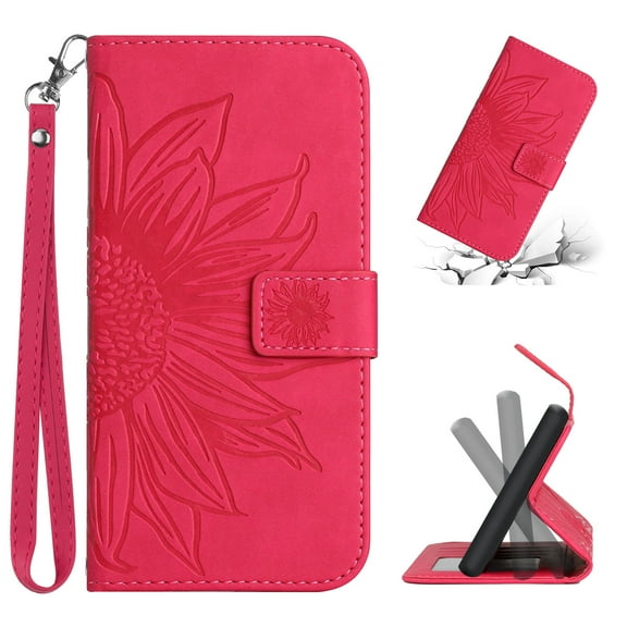 Flip Wallet Cover Case for Samsung Galaxy A13 4G Phone, A13 Case, Premium PU Leather Embossed Sunflower Shockproof Kickstand Lanyard Strap Slim Case for Samsung Galaxy A13 6.6 inch, Rose