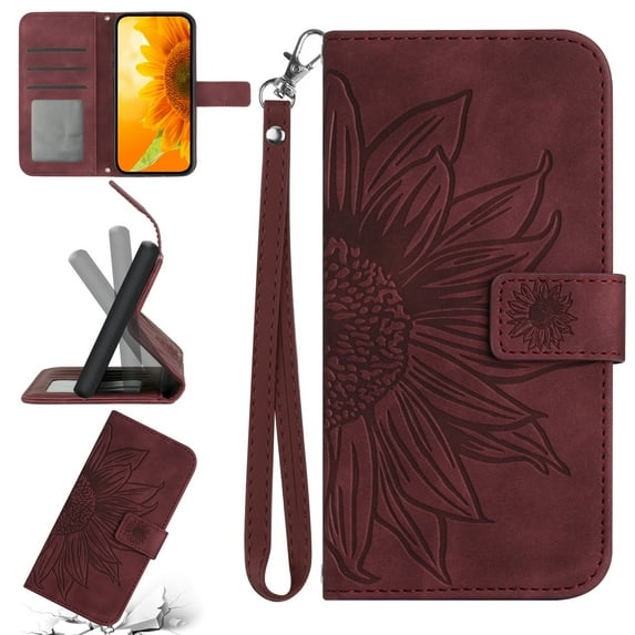 Flip Wallet Cover Case for Samsung Galaxy A26 5G Phone, A26 5G TPU Case, PU Leather Embossed Sunflower Shockproof Kickstand Slim Magnetic Case for Samsung Galaxy A26 5G, Winered