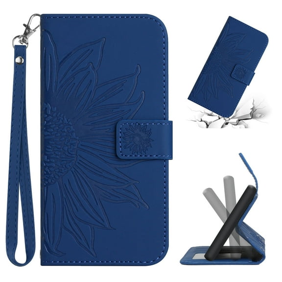 Flip Wallet Cover Case for Samsung Galaxy A36 5G Phone, A36 5G Cases for Cell Phones, PU Leather Embossed Sunflower Shockproof Kickstand Slim Case for Samsung A36 5G, Darkblue
