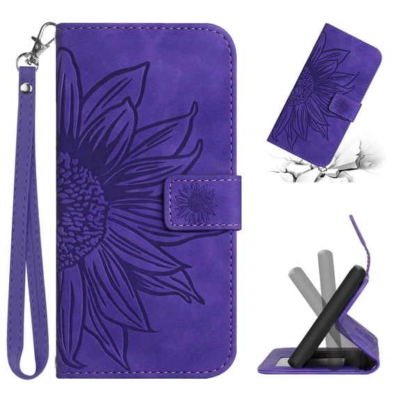 Flip Wallet Cover Case for Samsung Galaxy S21 FE 5G Phone, S21 FE TPU Case, Premium PU Leather Embossed Sunflower Shockproof Kickstand Slim Magnetic Case for Samsung S21 FE 5G 6.4", Darkpurple