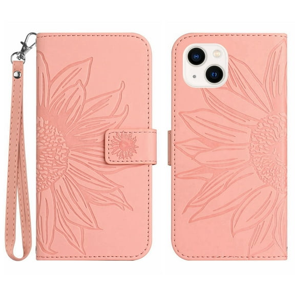 Flip Wallet Cover Case for iPhone 13 Phone, Premium PU Leather Embossed Sunflower Shockproof Wrist Strap Lanyard Slim Case for iPhone 13, Pink