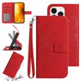 thumbnail image 1 of Flip Wallet Cover Case for iPhone 13 Pro Phone, Premium PU Leather Embossed Sunflower Shockproof Wrist Strap Lanyard Slim Case for iPhone 13 Pro, Red, 1 of 10