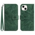 thumbnail image 1 of Flip Wallet Cover Case for iPhone 14 Phone, Premium PU Leather Embossed Sunflower Shockproof Wrist Strap Lanyard Slim Case for iPhone 14, Green, 1 of 10