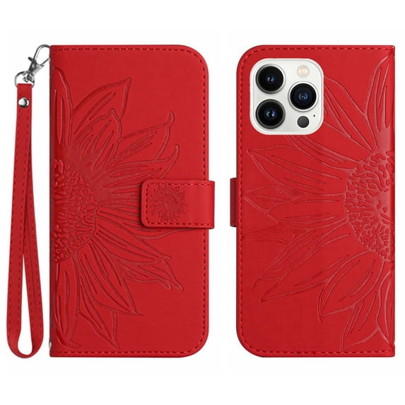 Flip Wallet Cover Case for iPhone 15 Pro Phone, Premium PU Leather Embossed Sunflower Shockproof Wrist Strap Lanyard Slim Case for iPhone 15 Pro, Red