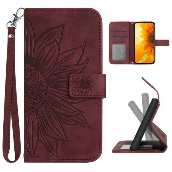 Flip Wallet Cover Case for iPhone 16 Phone, Premium PU Leather Embossed Sunflower Shockproof Wrist Strap Lanyard Slim Case for iPhone 16, Winered