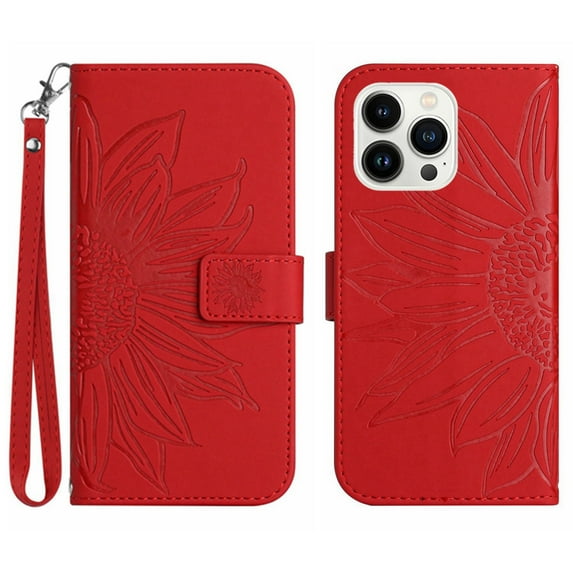 Flip Wallet Cover Case for iPhone 16 Pro Phone, Premium PU Leather Embossed Sunflower Shockproof Wrist Strap Lanyard Slim Case for iPhone 16 Pro, Red