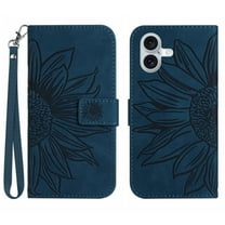 Flip Wallet Cover Case for iPhone 17 Phone, Premium PU Leather Embossed Sunflower Shockproof Wrist Strap Lanyard Slim Case for iPhone 17, Inkblue