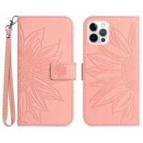 Flip Wallet Cover Case for iPhone 12/12 Pro Phone, Premium PU Leather Embossed Sunflower Shockproof Wrist Strap Lanyard Slim Case for iPhone 12/12 Pro, Pink