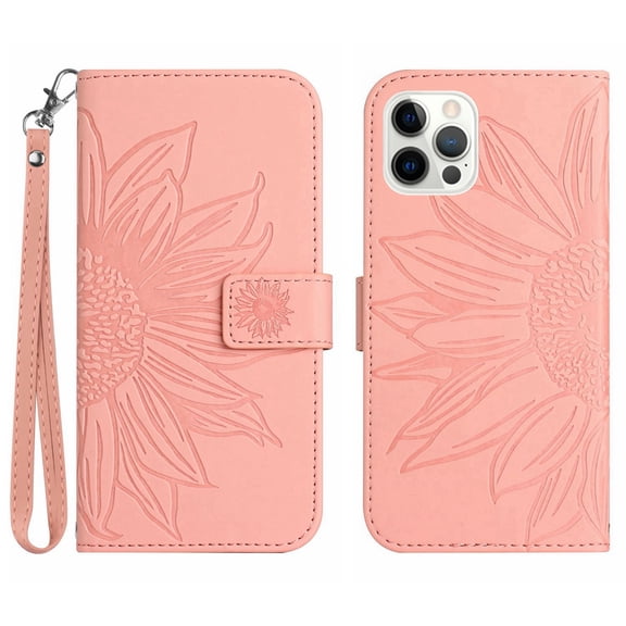 Flip Wallet Cover Case for iPhone 12/12 Pro Phone, Premium PU Leather Embossed Sunflower Shockproof Wrist Strap Lanyard Slim Case for iPhone 12/12 Pro, Pink