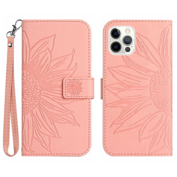 Flip Wallet Cover Case for iPhone 12 Pro Max Phone, Premium PU Leather Embossed Sunflower Shockproof Wrist Strap Lanyard Slim Case for iPhone 12 Pro Max, Pink