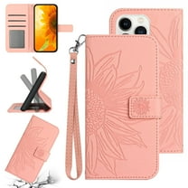 Flip Wallet Cover Case for iPhone 13 Pro Max Phone, Premium PU Leather Embossed Sunflower Shockproof Wrist Strap Lanyard Slim Case for iPhone 13 Pro Max, Pink