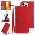 thumbnail image 1 of Flip Wallet Cover Case for iPhone 13 Pro Max Phone, Premium PU Leather Embossed Sunflower Shockproof Wrist Strap Lanyard Slim Case for iPhone 13 Pro Max, Red, 1 of 10