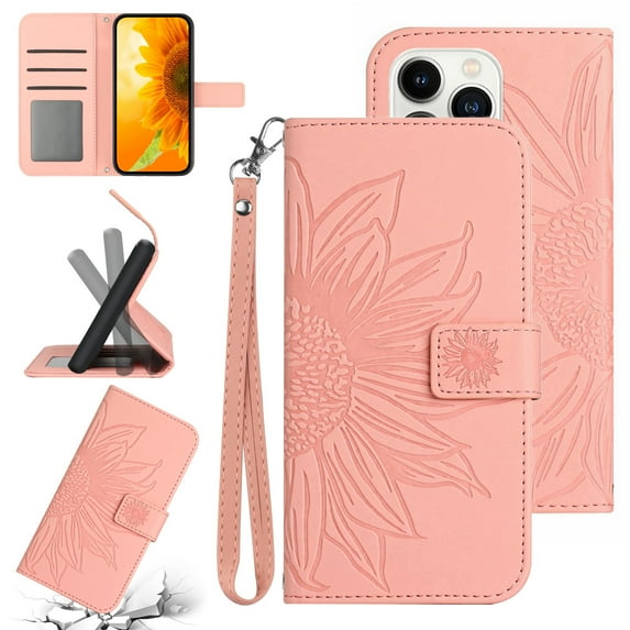 Flip Wallet Cover Case for iPhone 13 Pro Phone, Premium PU Leather Embossed Sunflower Shockproof Wrist Strap Lanyard Slim Case for iPhone 13 Pro, Pink
