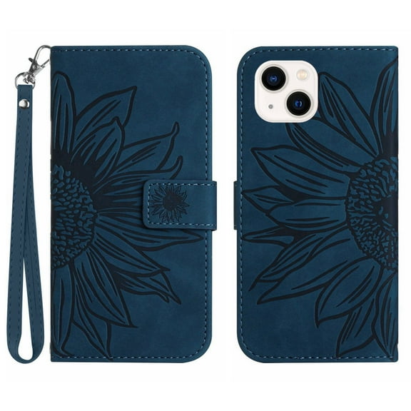 Flip Wallet Cover Case for iPhone 15 Plus Phone, Premium PU Leather Embossed Sunflower Shockproof Wrist Strap Lanyard Slim Case for iPhone 15 Plus, Inkblue