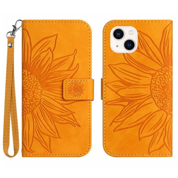 Flip Wallet Cover Case for iPhone 15 Plus Phone, Premium PU Leather Embossed Sunflower Shockproof Wrist Strap Lanyard Slim Case for iPhone 15 Plus, Yellow
