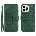 thumbnail image 1 of Flip Wallet Cover Case for iPhone 15 Pro Max Phone, Premium PU Leather Embossed Sunflower Shockproof Wrist Strap Lanyard Slim Case for iPhone 15 Pro Max, Green, 1 of 10
