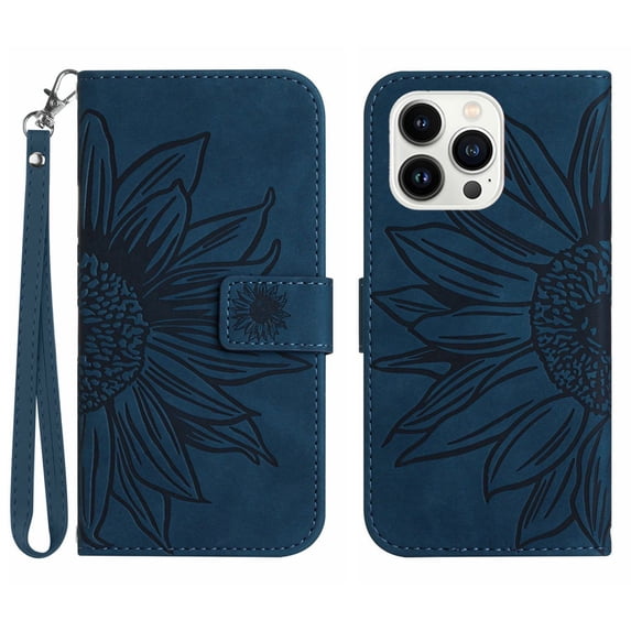 Flip Wallet Cover Case for iPhone 15 Pro Max Phone, Premium PU Leather Embossed Sunflower Shockproof Wrist Strap Lanyard Slim Case for iPhone 15 Pro Max, Inkblue
