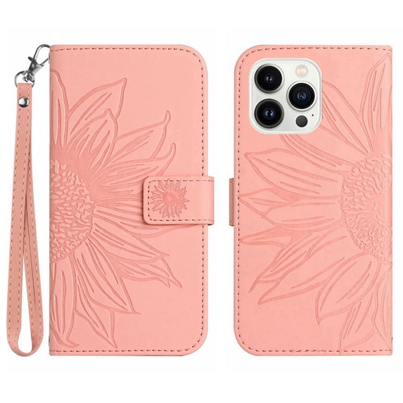 Flip Wallet Cover Case for iPhone 15 Pro Max Phone, Premium PU Leather Embossed Sunflower Shockproof Wrist Strap Lanyard Slim Case for iPhone 15 Pro Max, Pink