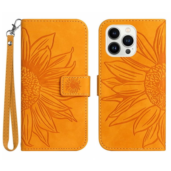 Flip Wallet Cover Case for iPhone 15 Pro Max Phone, Premium PU Leather Embossed Sunflower Shockproof Wrist Strap Lanyard Slim Case for iPhone 15 Pro Max, Yellow
