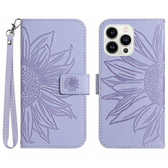 Flip Wallet Cover Case for iPhone 16 Pro Max Phone, Premium PU Leather Embossed Sunflower Shockproof Wrist Strap Lanyard Slim Case for iPhone 16 Pro Max, Lightpurple