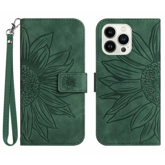 Flip Wallet Cover Case for iPhone 16 Pro Max Phone, Premium PU Leather Embossed Sunflower Shockproof Wrist Strap Lanyard Slim Case for iPhone 16 Pro Max, Green