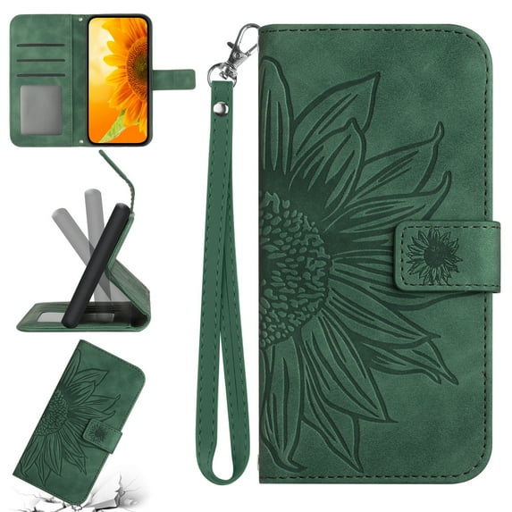 Flip Wallet Cover Case for iPhone 16e Phone, iPhone 16e TPU Case, PU Leather Embossed Sunflower Shockproof Kickstand Slim Magnetic Case for iPhone 16e, Green