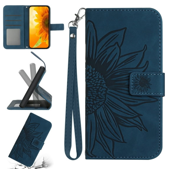 Flip Wallet Cover Case for iPhone 16e Phone, iPhone 16e TPU Case, PU Leather Embossed Sunflower Shockproof Kickstand Slim Magnetic Case for iPhone 16e, Inkblue