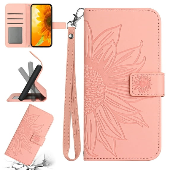Flip Wallet Cover Case for iPhone 16e Phone, iPhone 16e TPU Case, PU Leather Embossed Sunflower Shockproof Kickstand Slim Magnetic Case for iPhone 16e, Pink