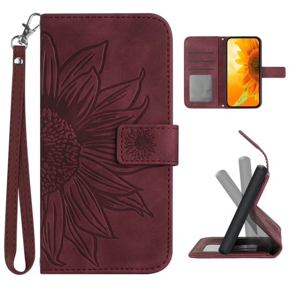 Flip Wallet Cover Case for iPhone XS Max Phone, Premium PU Leather Embossed Sunflower Shockproof Wrist Strap Lanyard Slim Case for iPhone XS Max, Winered