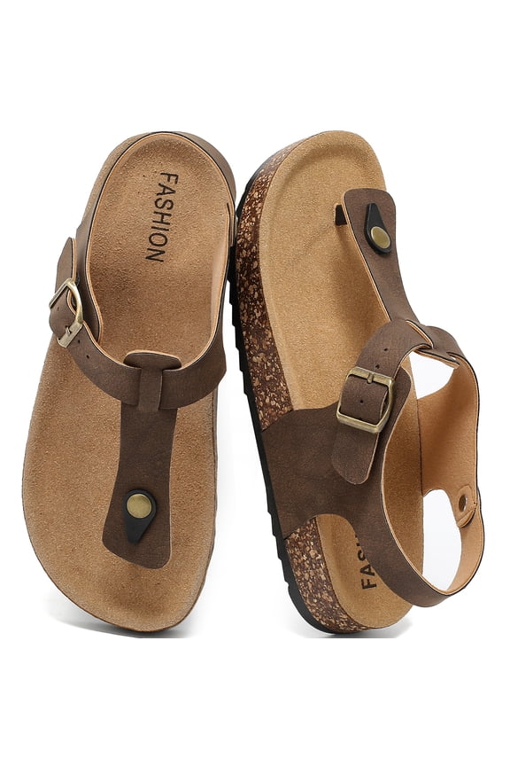 Leather Thong Cork Sandals for Men & Women, Water-Resistant Flip Flops with Cork Footbed & Memory Foam, Adjustable Double Buckle Open Toe Summer Slides