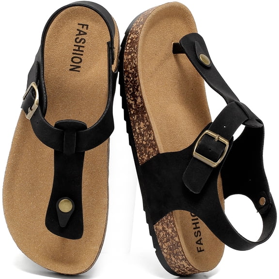 CKWLXQY Leather Thong Cork Sandals for Men & Women, Water-Resistant Flip Flops with Cork Footbed & Memory Foam, Adjustable Double Buckle Open Toe Summer Slides