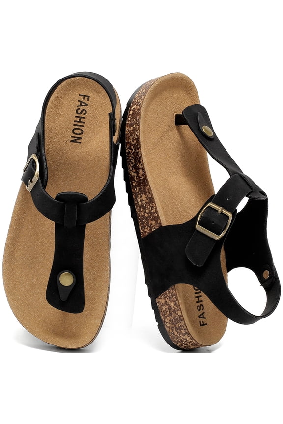Leather Thong Cork Sandals for Men & Women, Water-Resistant Flip Flops with Cork Footbed & Memory Foam, Adjustable Double Buckle Open Toe Summer Slides