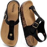 CKWLXQY Leather Thong Cork Sandals for Men & Women, Water-Resistant Flip Flops with Cork Footbed & Memory Foam, Adjustable Double Buckle Open Toe Summer Slides