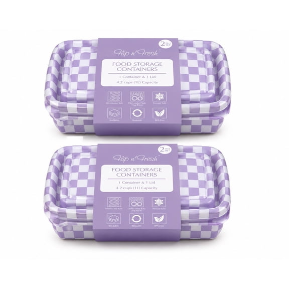 Flip n Fresh 4-Piece Food Storage Container Set, Purple Gingham, 4.2 Cup Capacity, Microwave & Freezer Safe