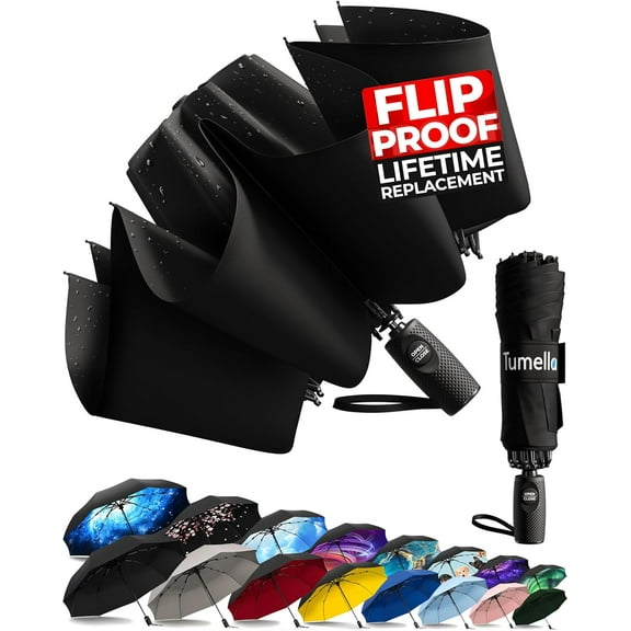 Flip-proof Inverted Travel Umbrella, Small Strong but Light Portable and Automatic Reverse Folding Rain Umbrella, Durable Premium Grip, Fits Car & Backpack