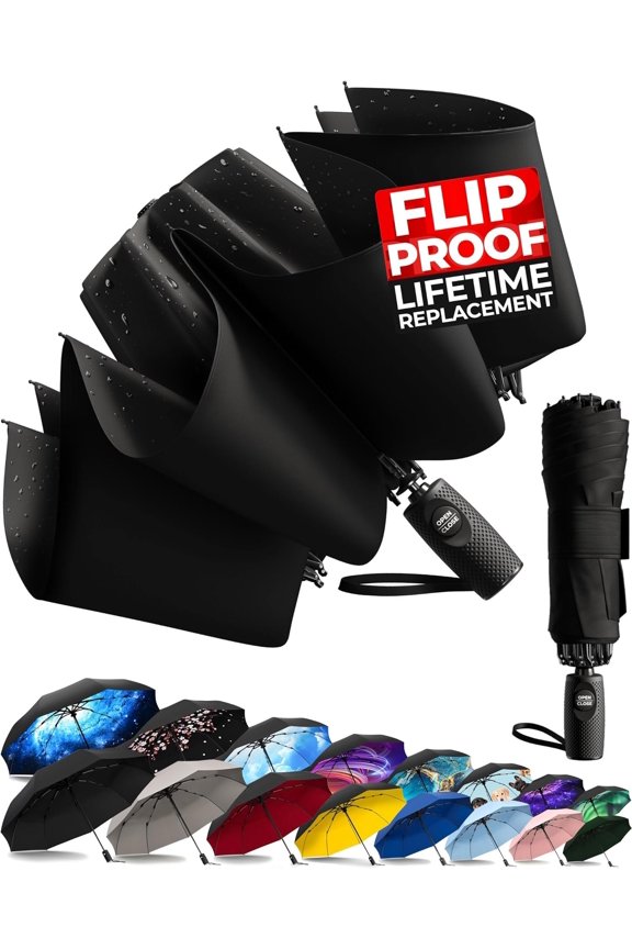 Flip-proof Inverted Travel Umbrella, Small  but Light Portable and Automatic Reverse Folding Rain Umbrella, Durable  Grip, Fits  & Backpack