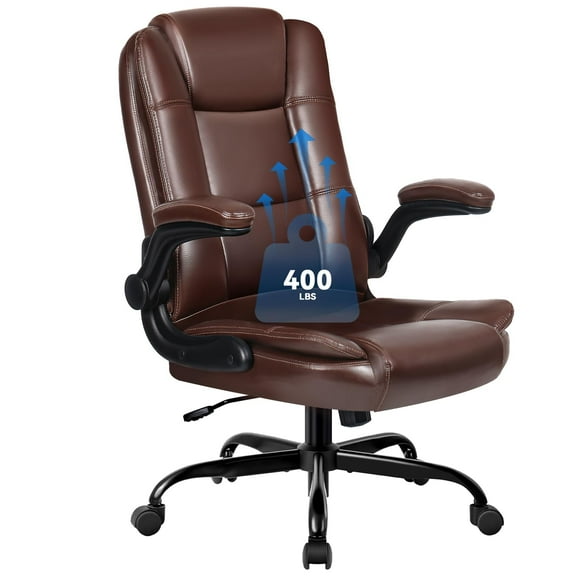 Flip-up Armrests Executive Office Chair, Ergonomic Leather Computer Desk Chair for Big and Tall, High Back Lumbar Support, Heavy Duty Home Chair, Brown