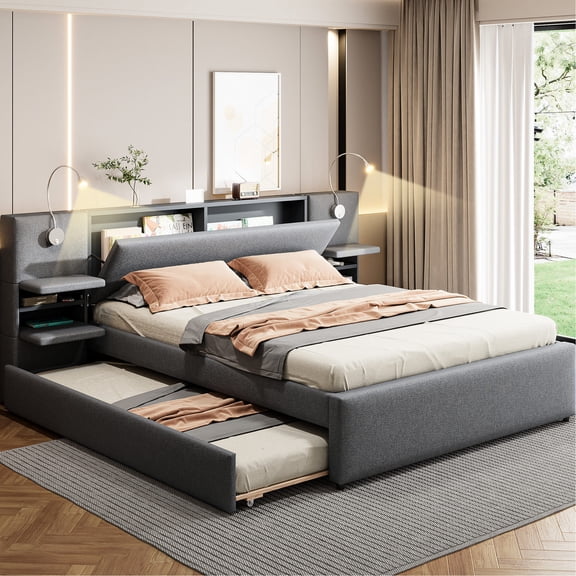 Flip-up Storage & Bed Drawers - Gray Queen Platform Bed for Keeping Items Neat