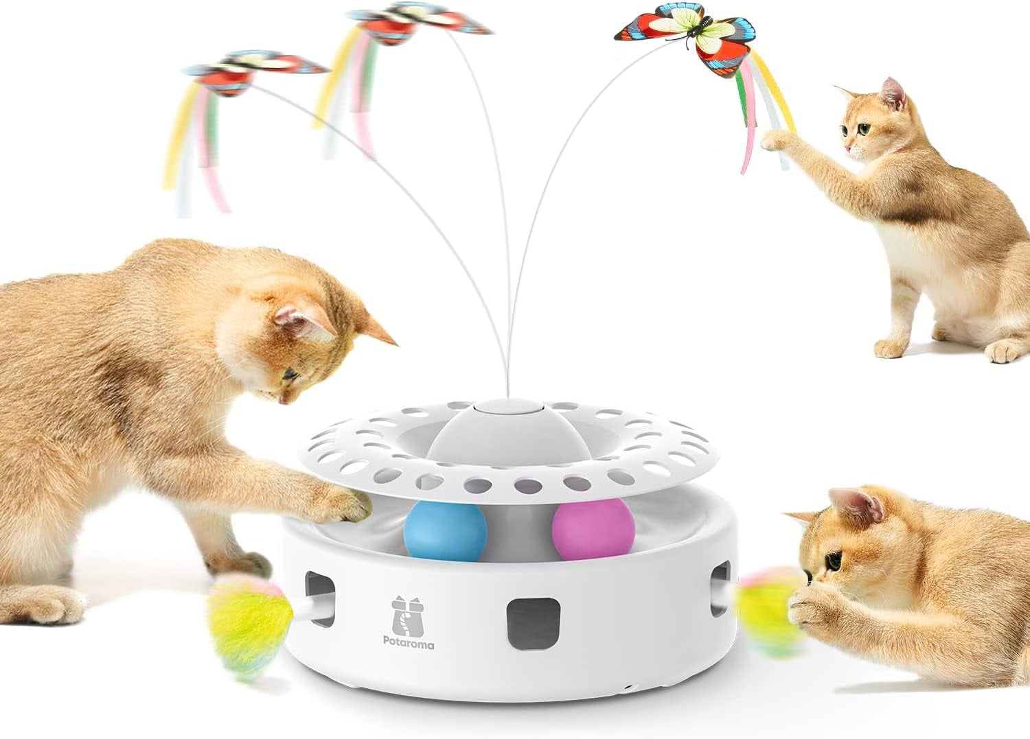 Cat Toys 3in1 Automatic Interactive Kitten Toy, Fluttering Butterfly, Moving Feather, Track Balls, Dual Power Supplies, USB Powered, Indoor Exercise Kicker (Bright White)