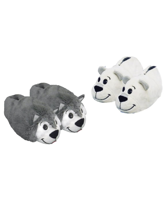 Toddler Boys Reverisble Animal Slippers Husky & Polar Bear Small 10-11