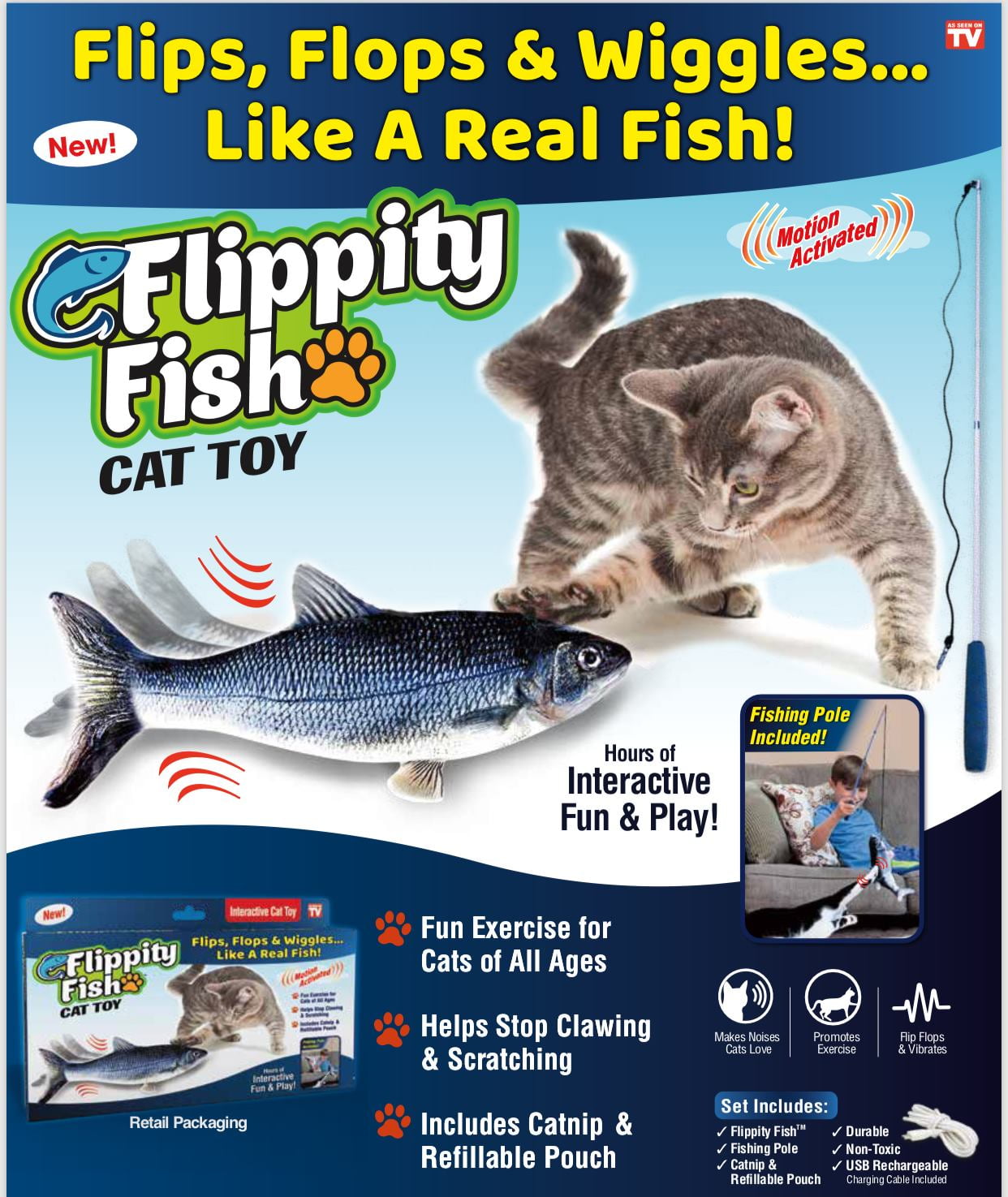 As Seen on TV, Flippity Fish Cat Toy, Motion Activated, Flipping